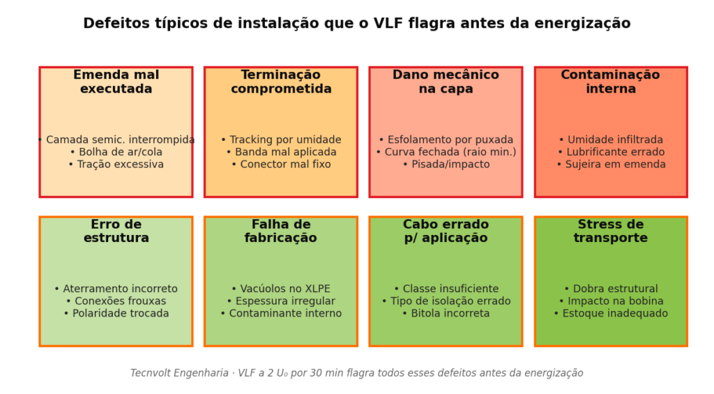 Os 8 tipos mais comuns de defeitos de instalação em cabos MT que o ensaio VLF detecta antes da energização: emenda, terminação, dano mecânico, contaminação, estrutura, fabricação, cabo errado e stress de transporte