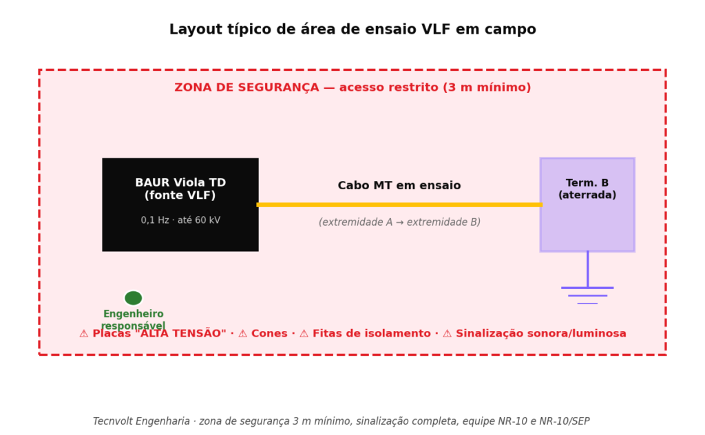 Layout típico de área de ensaio VLF em campo mostrando fonte BAUR Viola TD, cabo MT em ensaio, terminação remota aterrada, zona de segurança 3 metros e sinalização