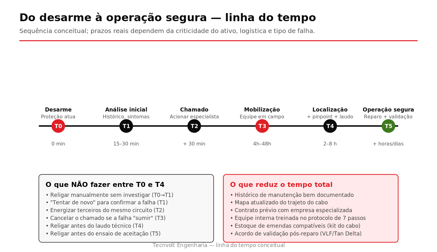 Linha do tempo conceitual desde o desarme da proteção até o restabelecimento seguro da operação em circuito de cabo subterrâneo MT