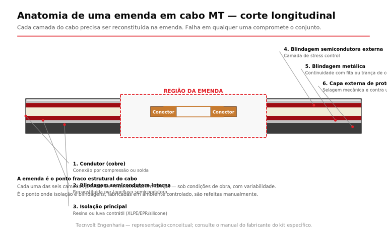 Diagrama em corte longitudinal de emenda em cabo subterrâneo de média tensão mostrando as seis camadas reconstituídas em campo