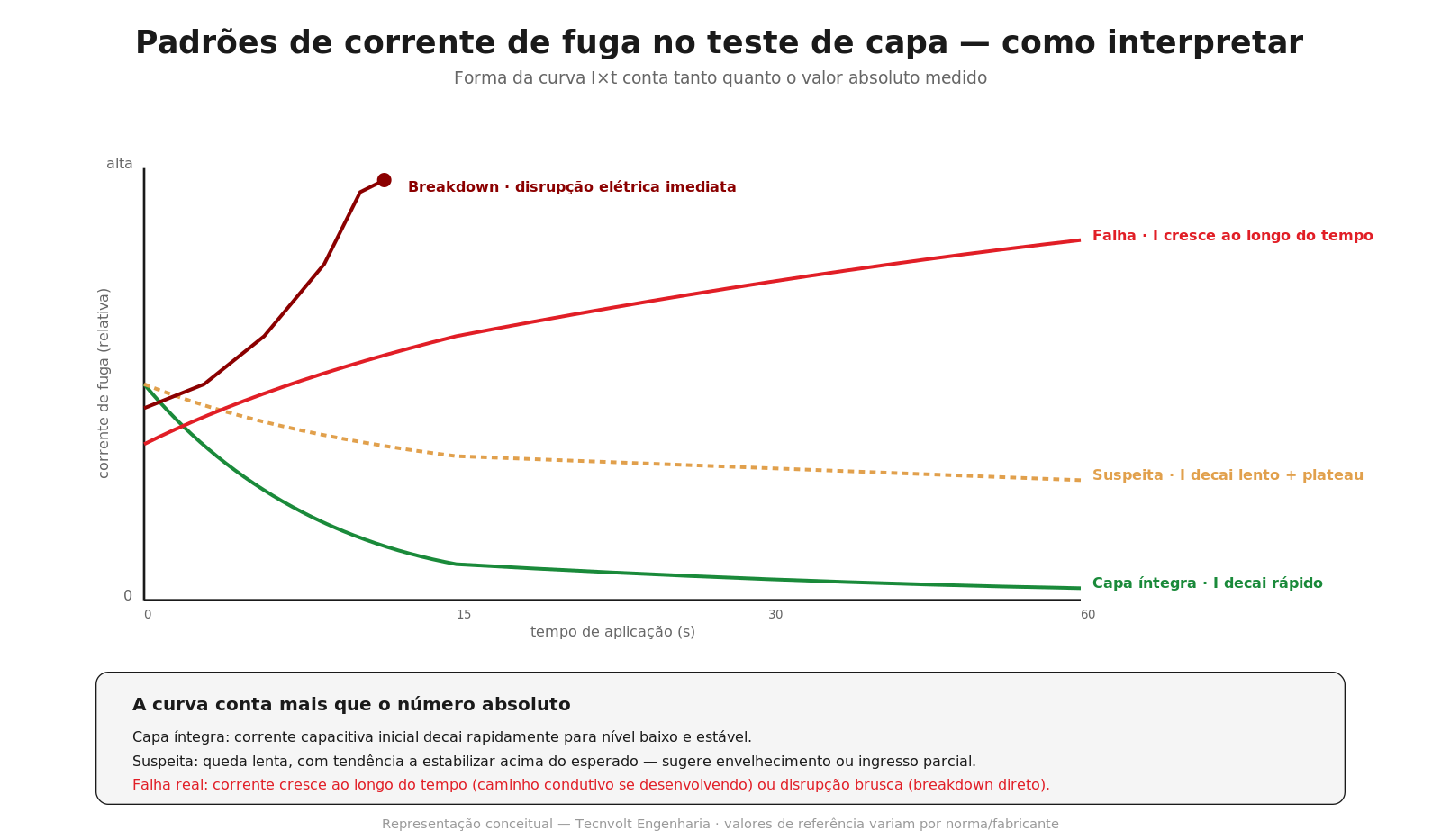 Padrões típicos de corrente de fuga no teste de capa em função do tempo