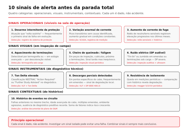 Mapa visual dos dez sinais de alerta antes de falha total em cabo subterrâneo de média tensão