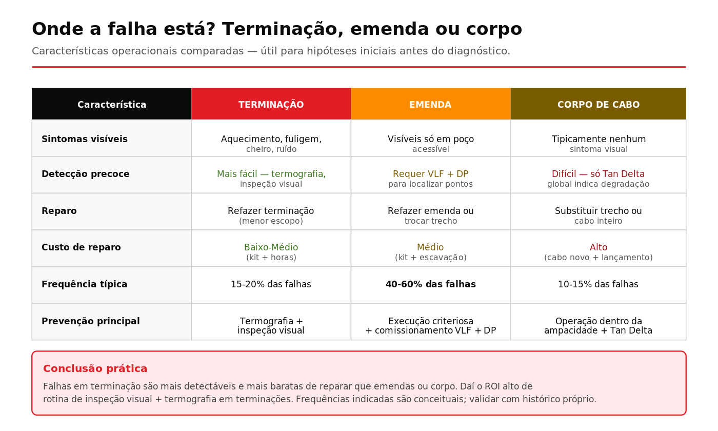 Tabela comparativa entre os três locais de falha em cabos MT subterrâneos terminação emenda e corpo