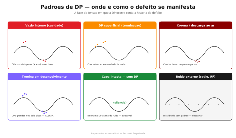 6 padrões de PRPD típicos — vazio interno, DP superficial, corona, treeing, capa intacta e ruído externo.