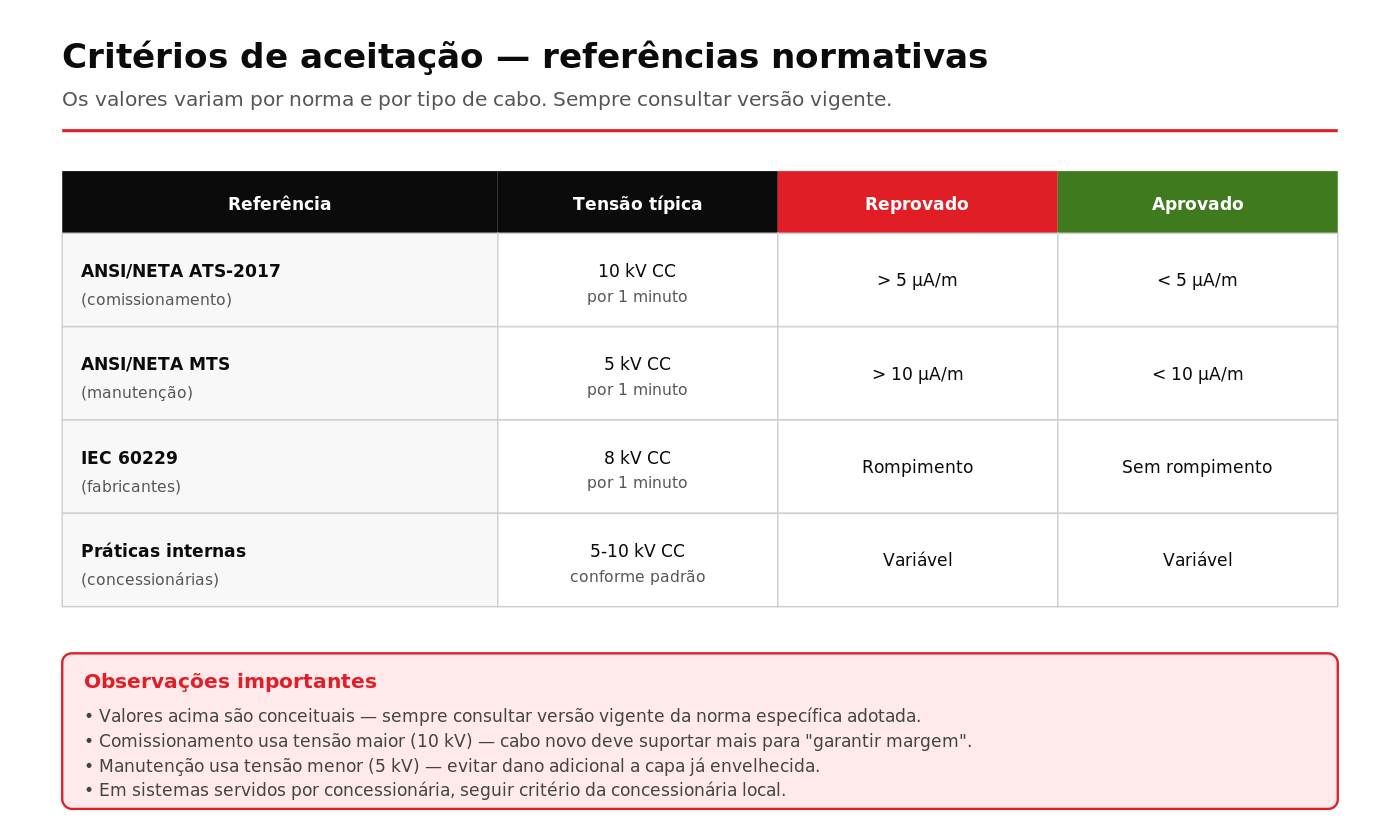 Tabela com critérios de aceitação do sheath test conforme ANSI/NETA ATS MTS e IEC 60229