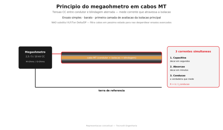 Esquemático do ensaio com megôhmetro mostrando tensão CC entre condutor e blindagem aterrada e as 3 correntes simultâneas (capacitiva, absorção, condução).