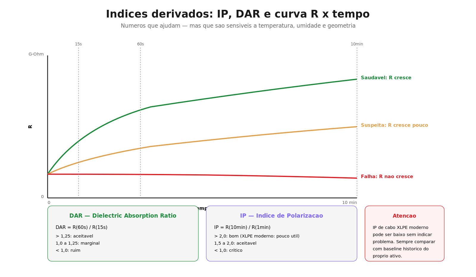 Índices IP e DAR e curva da resistência ao longo do tempo de aplicação