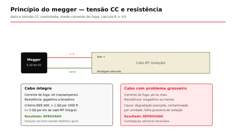 Princípio do ensaio megger em cabo MT aplicação de tensão CC e medição de resistência