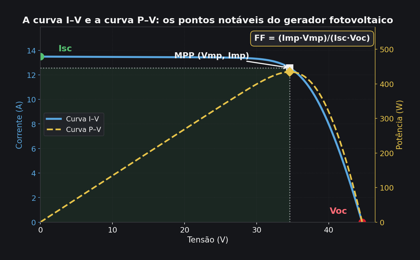 Gráfico da curva I-V e P-V de um módulo fotovoltaico com Isc, Voc, MPP e fator de forma