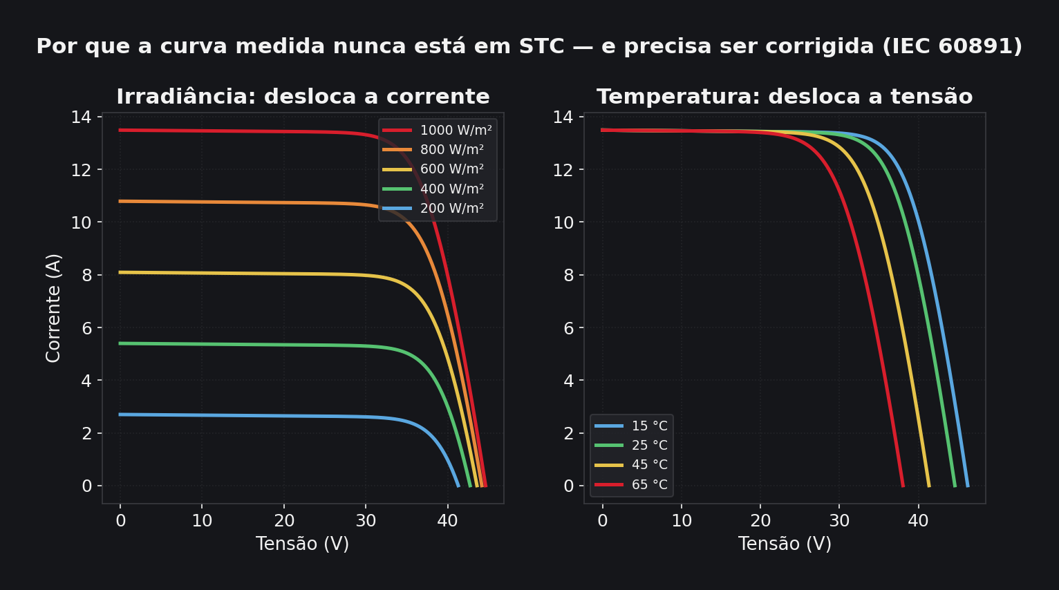 Gráficos do efeito da irradiância na corrente e da temperatura na tensão da curva I-V
