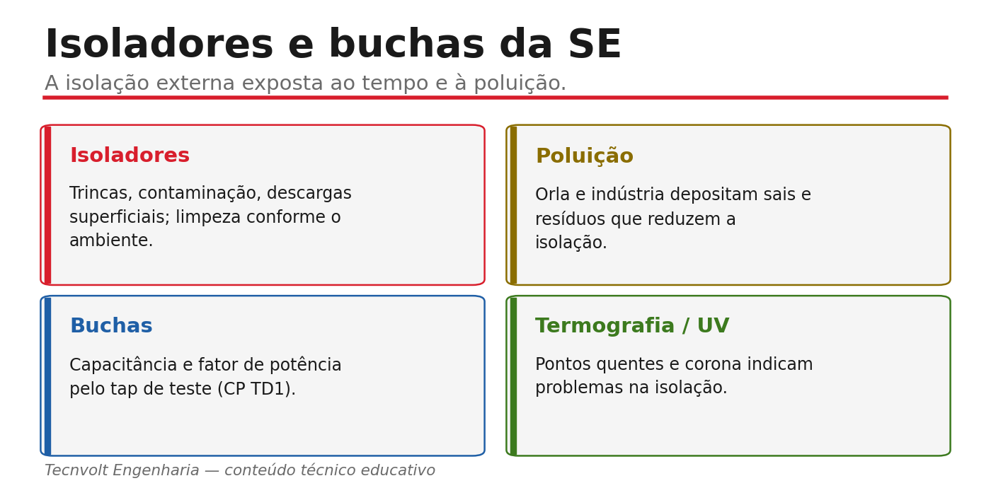 Isoladores e buchas: inspeção, poluição, ensaio e termografia/UV.