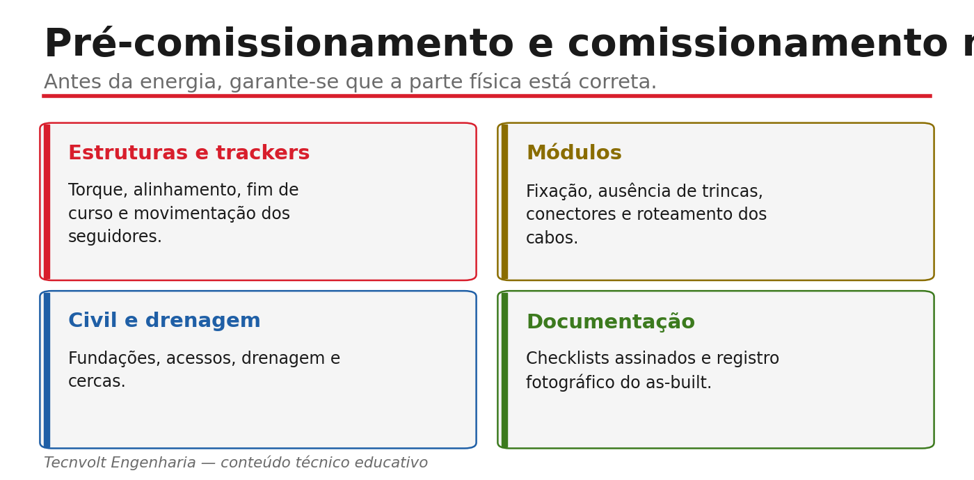 Pré-comissionamento mecânico: estruturas, módulos, civil e documentação.