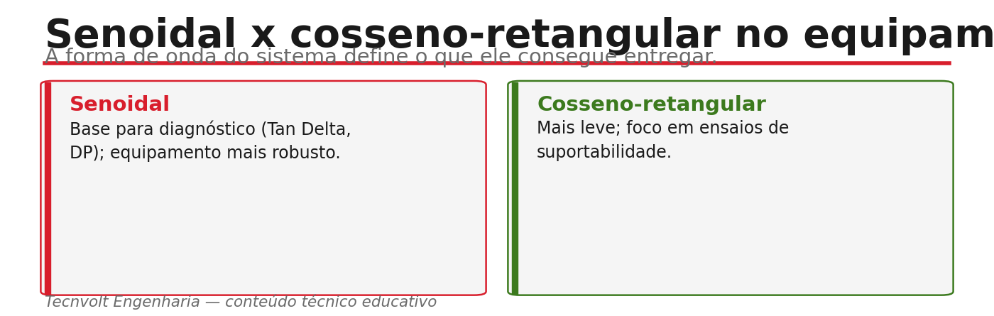 Cartões comparando equipamentos VLF senoidal e cosseno-retangular